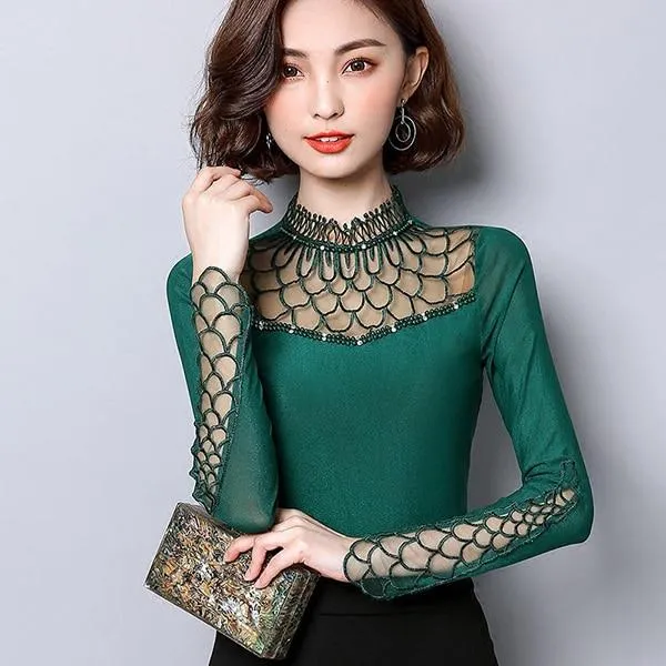 Women Elegant Slim Fit Hollow Cut out long sleeve Lace Mesh tops