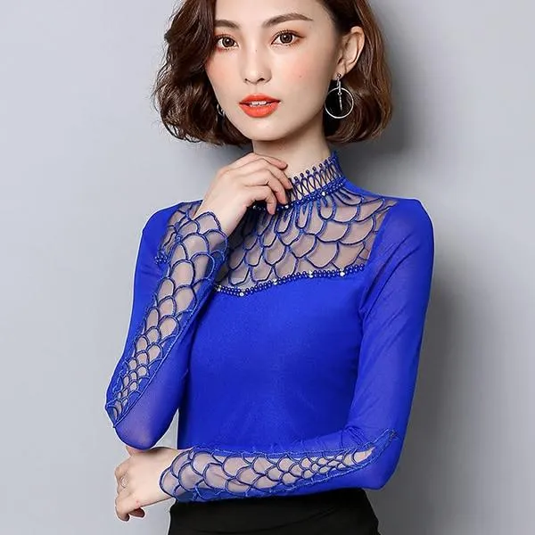 Women Elegant Slim Fit Hollow Cut out long sleeve Lace Mesh tops