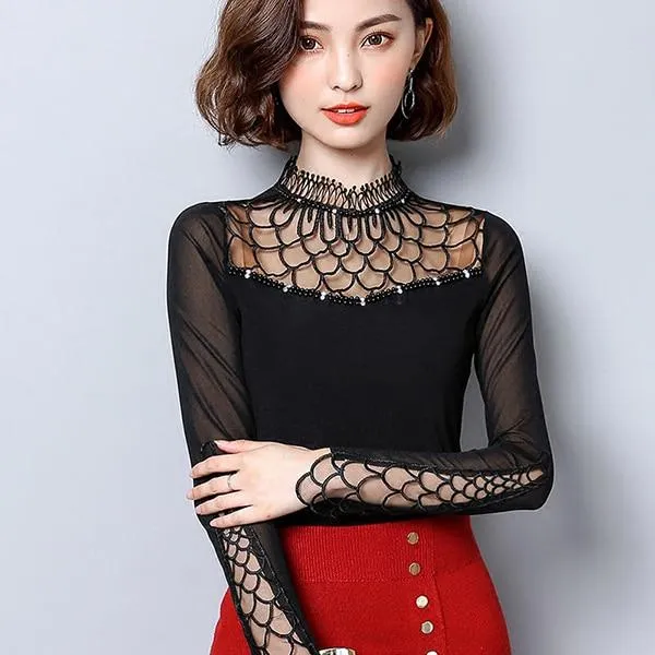 Women Elegant Slim Fit Hollow Cut out long sleeve Lace Mesh tops