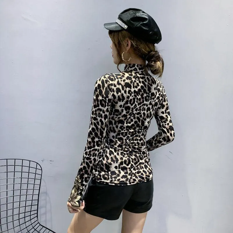 Women Leopard Print Lace Embroidered Long Sleeve Top