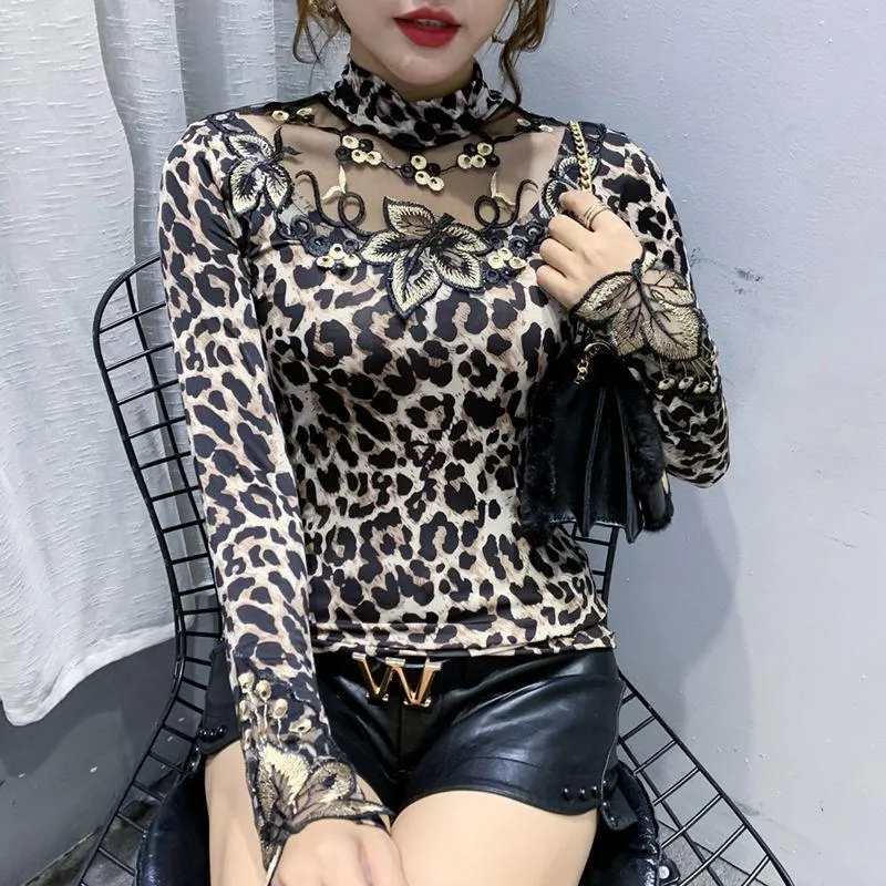 Women Leopard Print Lace Embroidered Long Sleeve Top