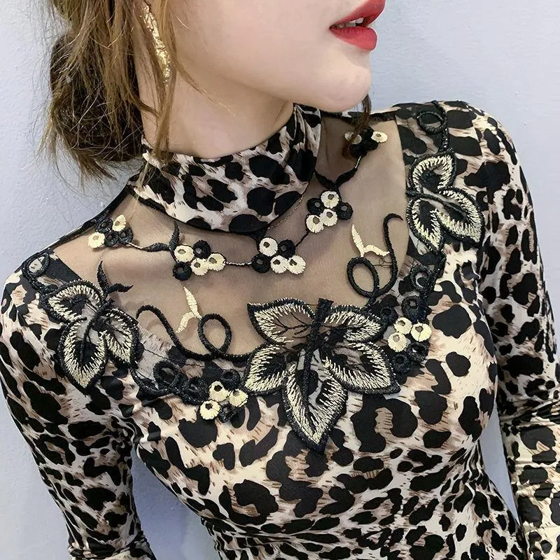 Women Leopard Print Lace Embroidered Long Sleeve Top