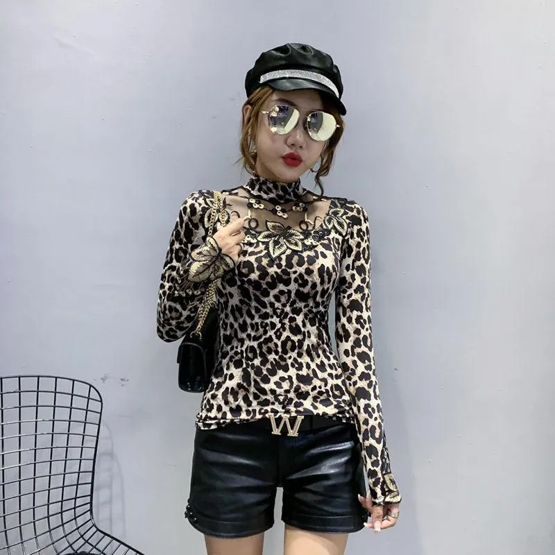 Women Leopard Print Lace Embroidered Long Sleeve Top