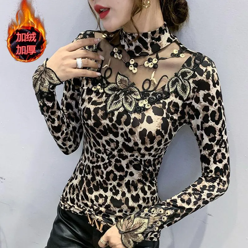 Women Leopard Print Lace Embroidered Long Sleeve Top