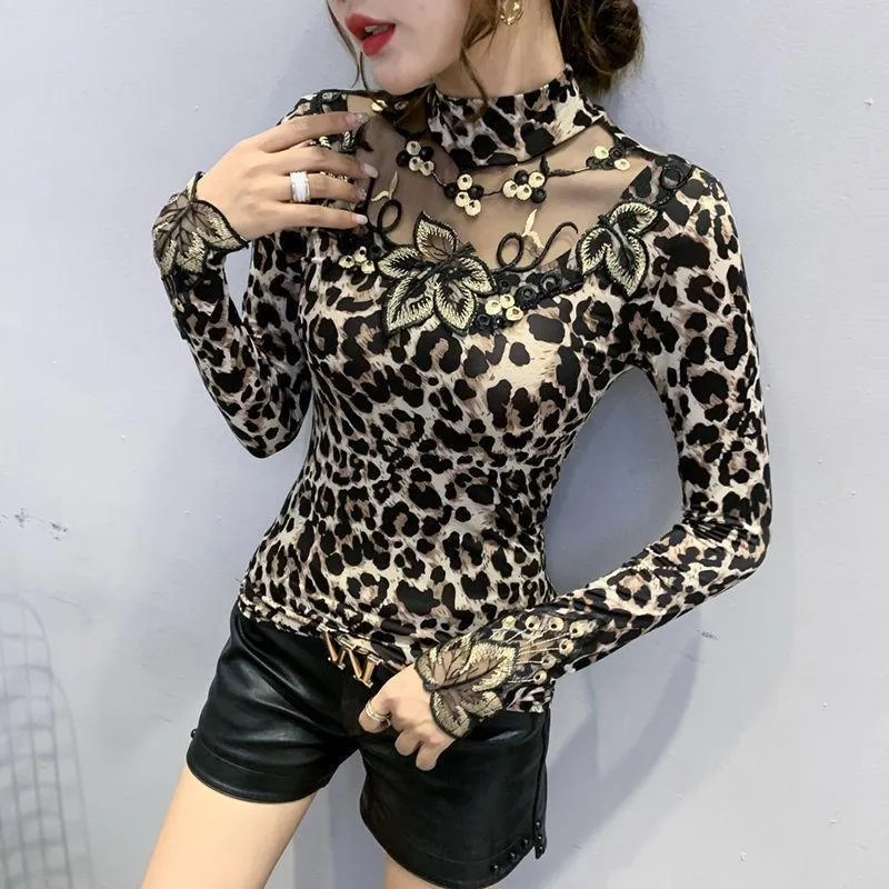 Women Leopard Print Lace Embroidered Long Sleeve Top