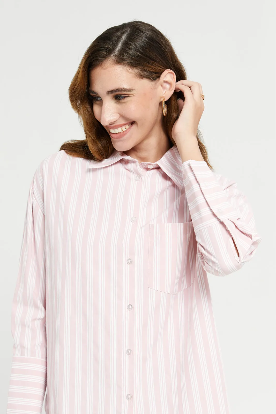 Women Pink Stripe Oversize Shirt