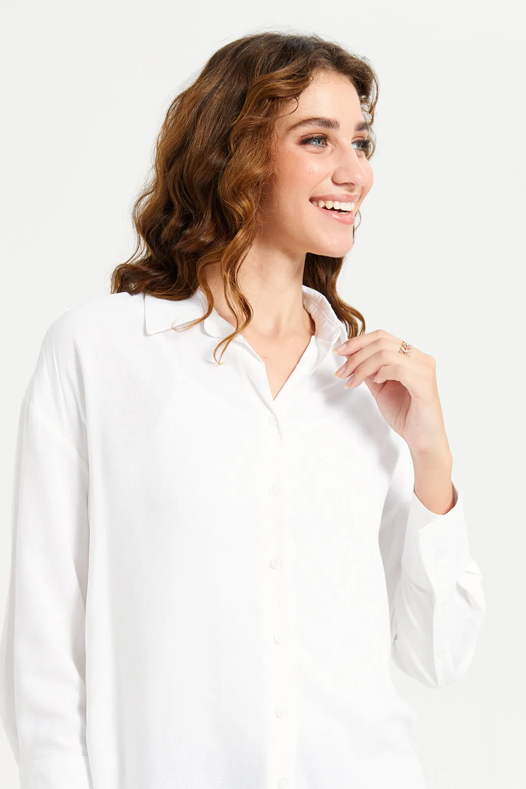 Women White Plain Linen Blend Shirt