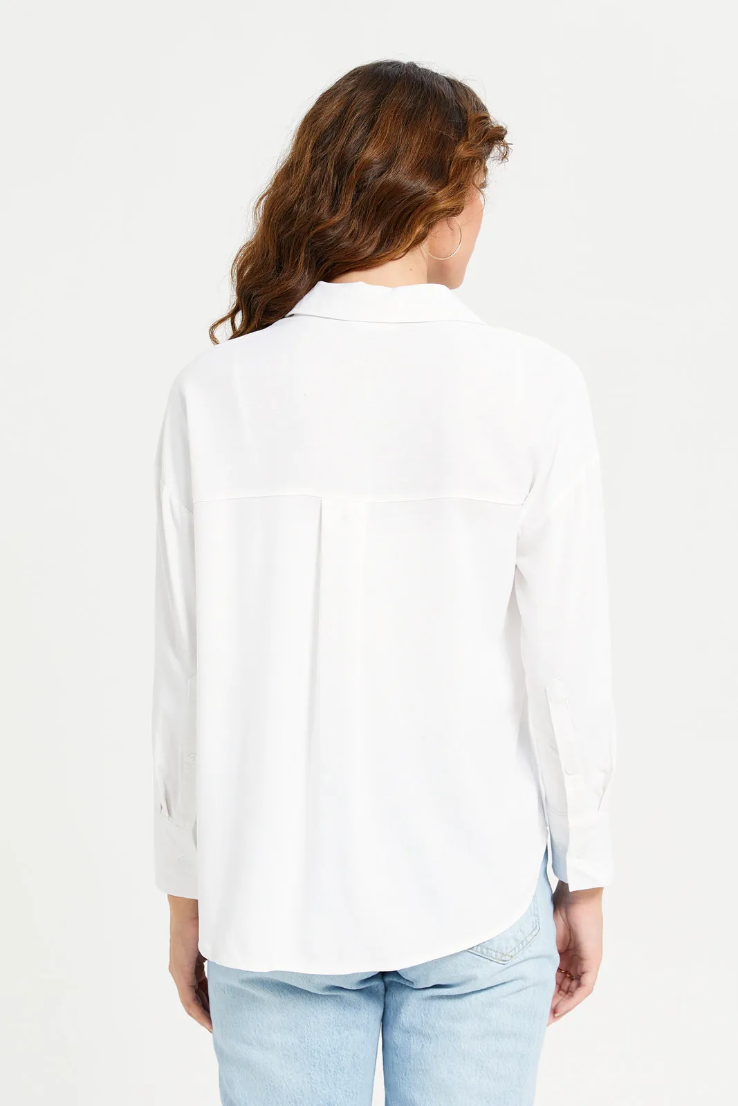 Women White Plain Linen Blend Shirt