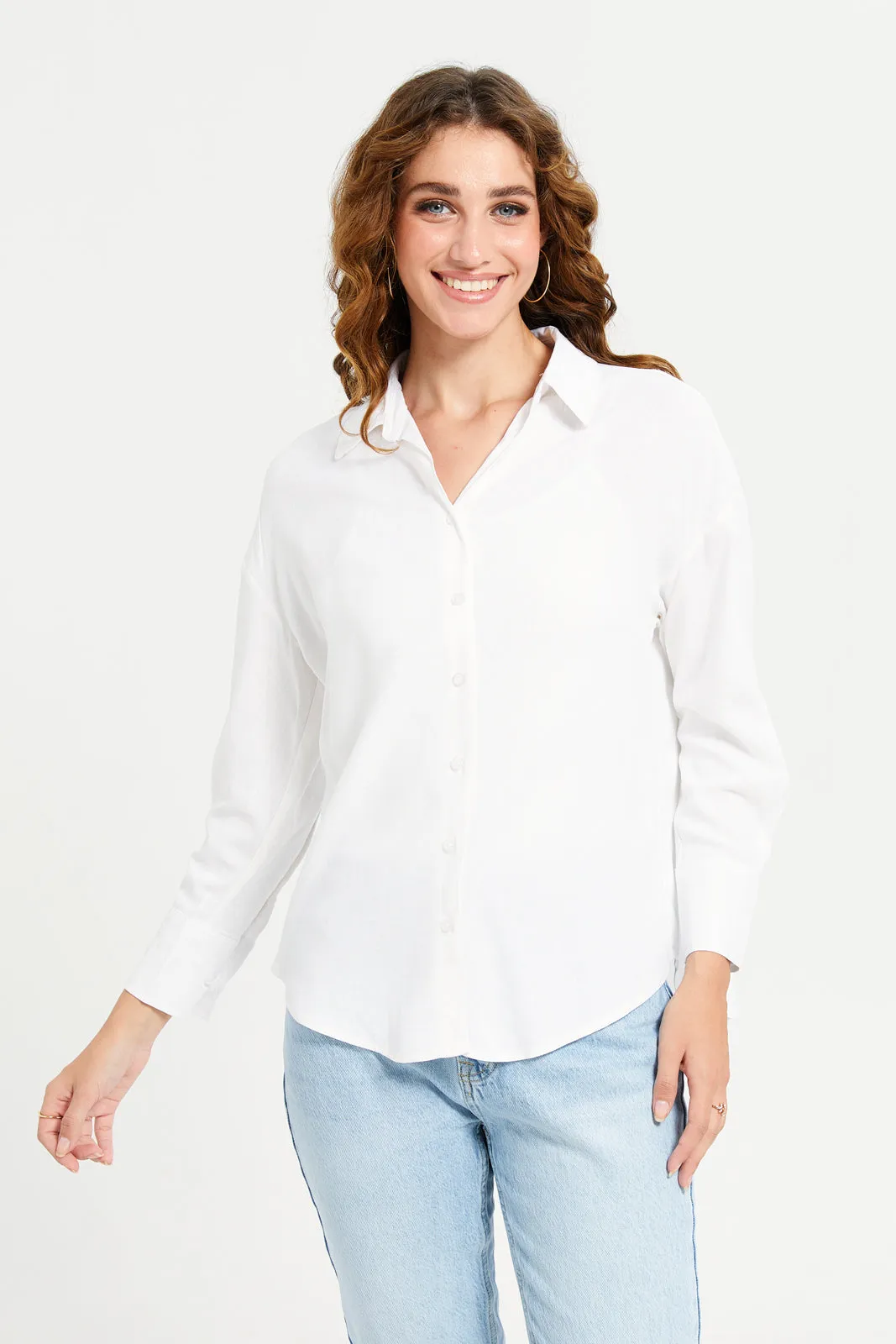 Women White Plain Linen Blend Shirt