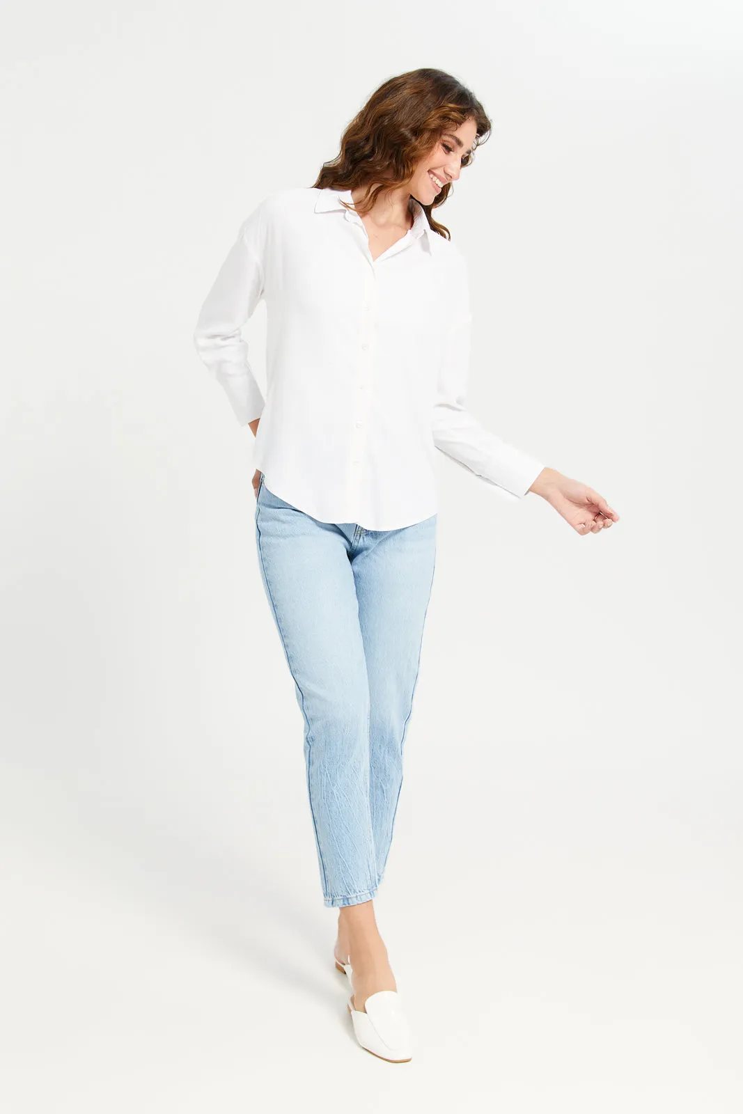 Women White Plain Linen Blend Shirt