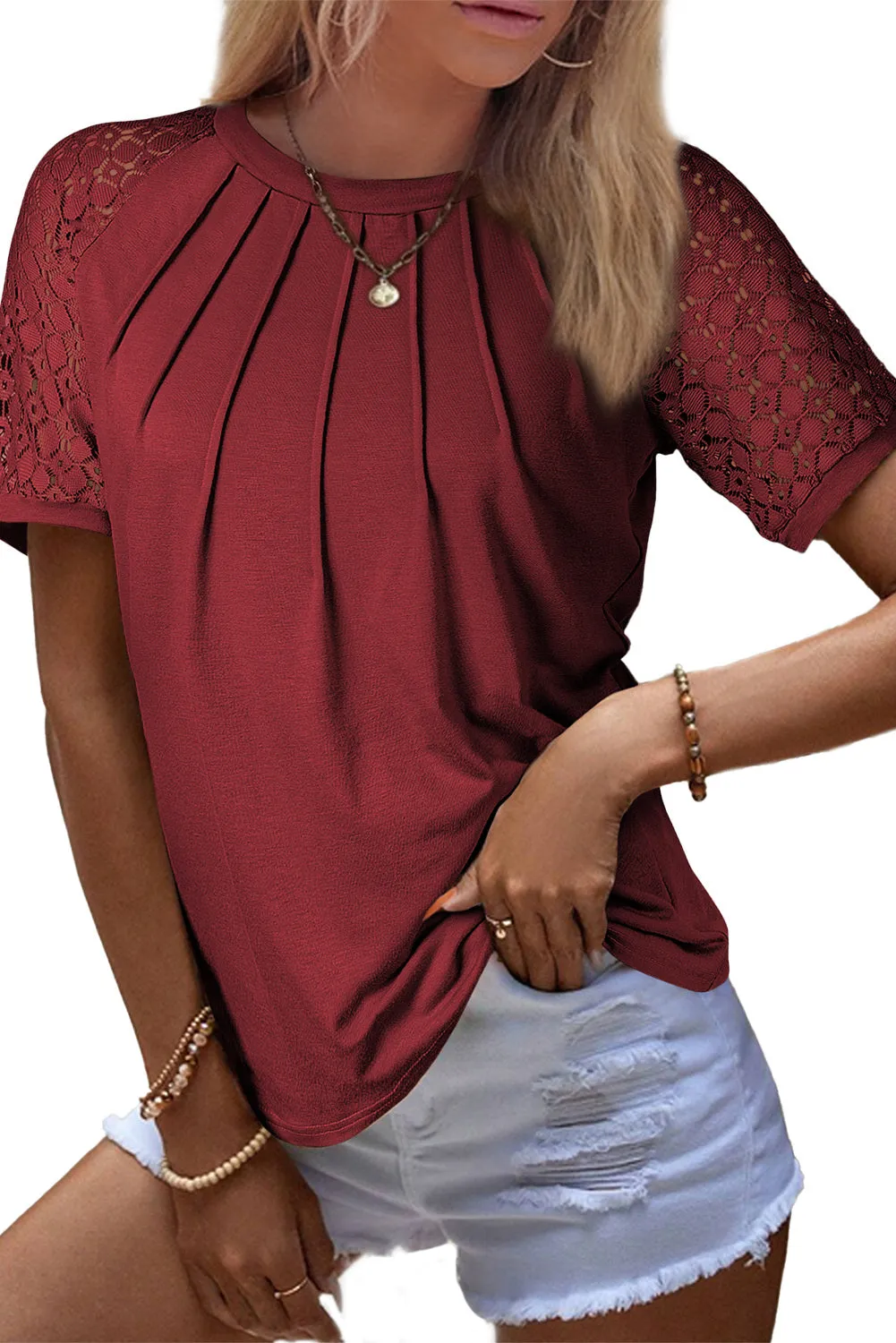 Womens Crew Neck Patchwork Lace Short Sleeve Tee Shirts Casual Knitted Blouses