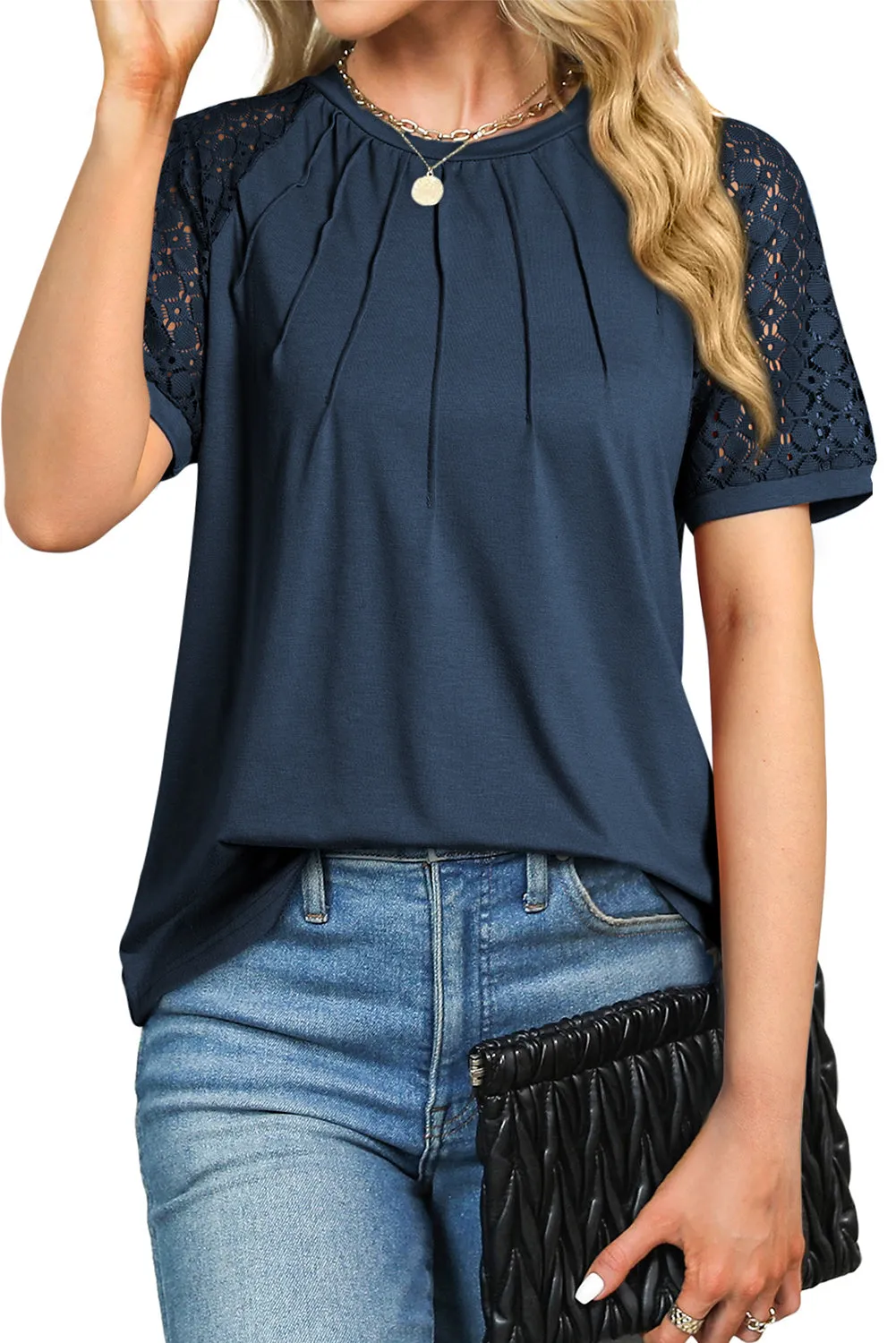 Womens Crew Neck Patchwork Lace Short Sleeve Tee Shirts Casual Knitted Blouses