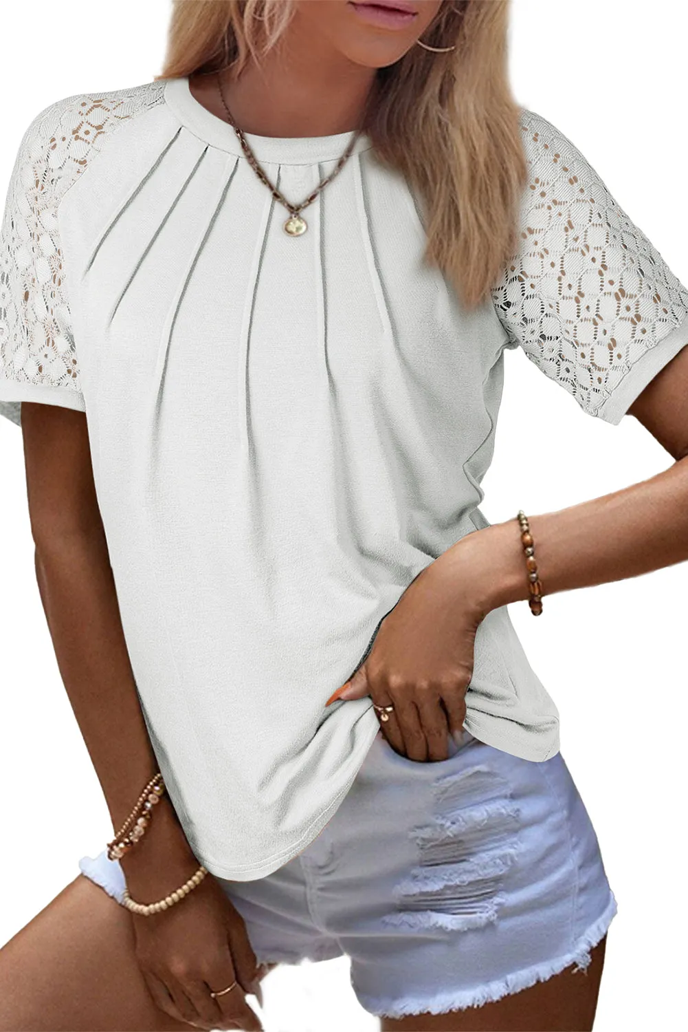 Womens Crew Neck Patchwork Lace Short Sleeve Tee Shirts Casual Knitted Blouses