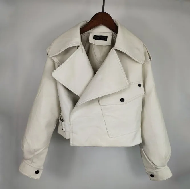 Women's PU Leather Jacket with Short Washed Leather Jacket