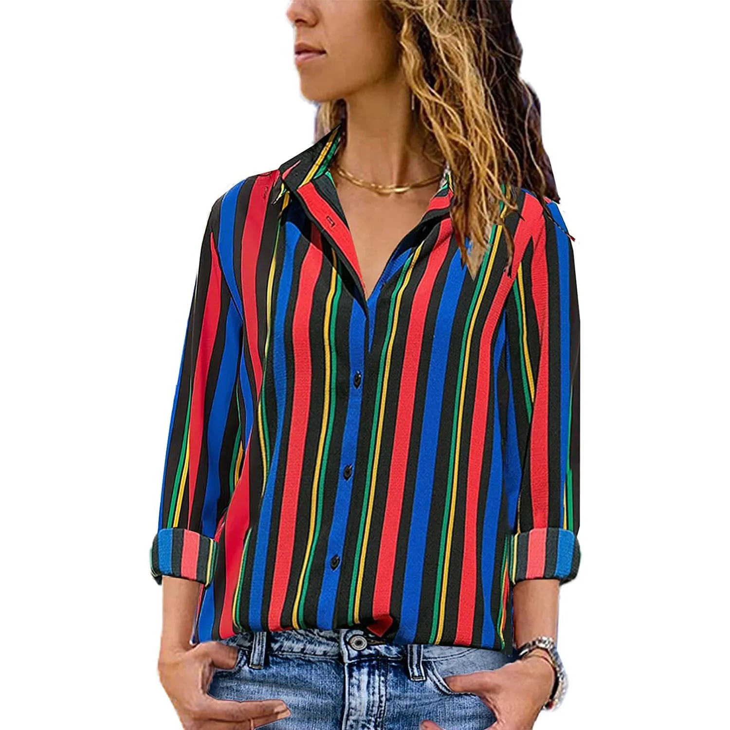 Womens V Neck Striped Roll up Sleeve Button Down Blouses Top