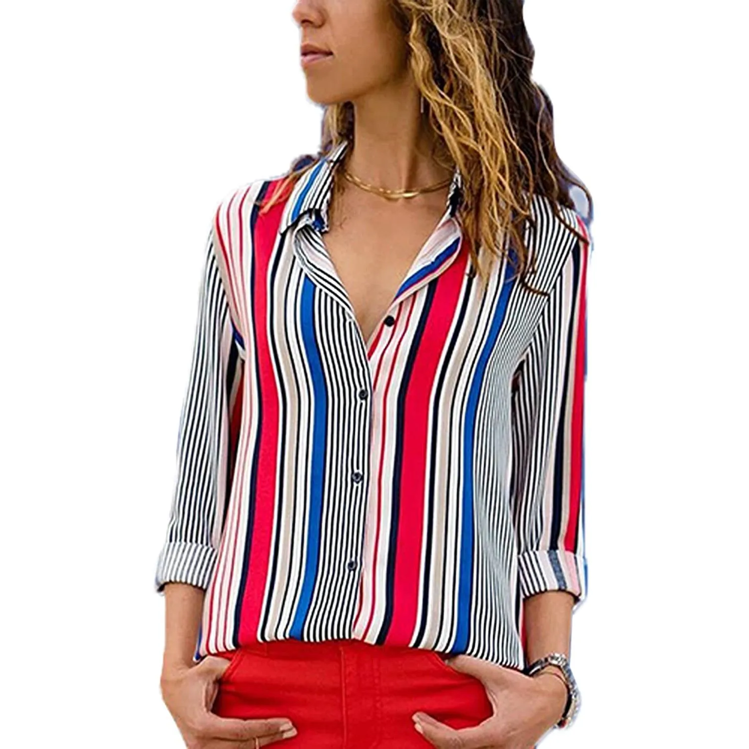 Womens V Neck Striped Roll up Sleeve Button Down Blouses Top