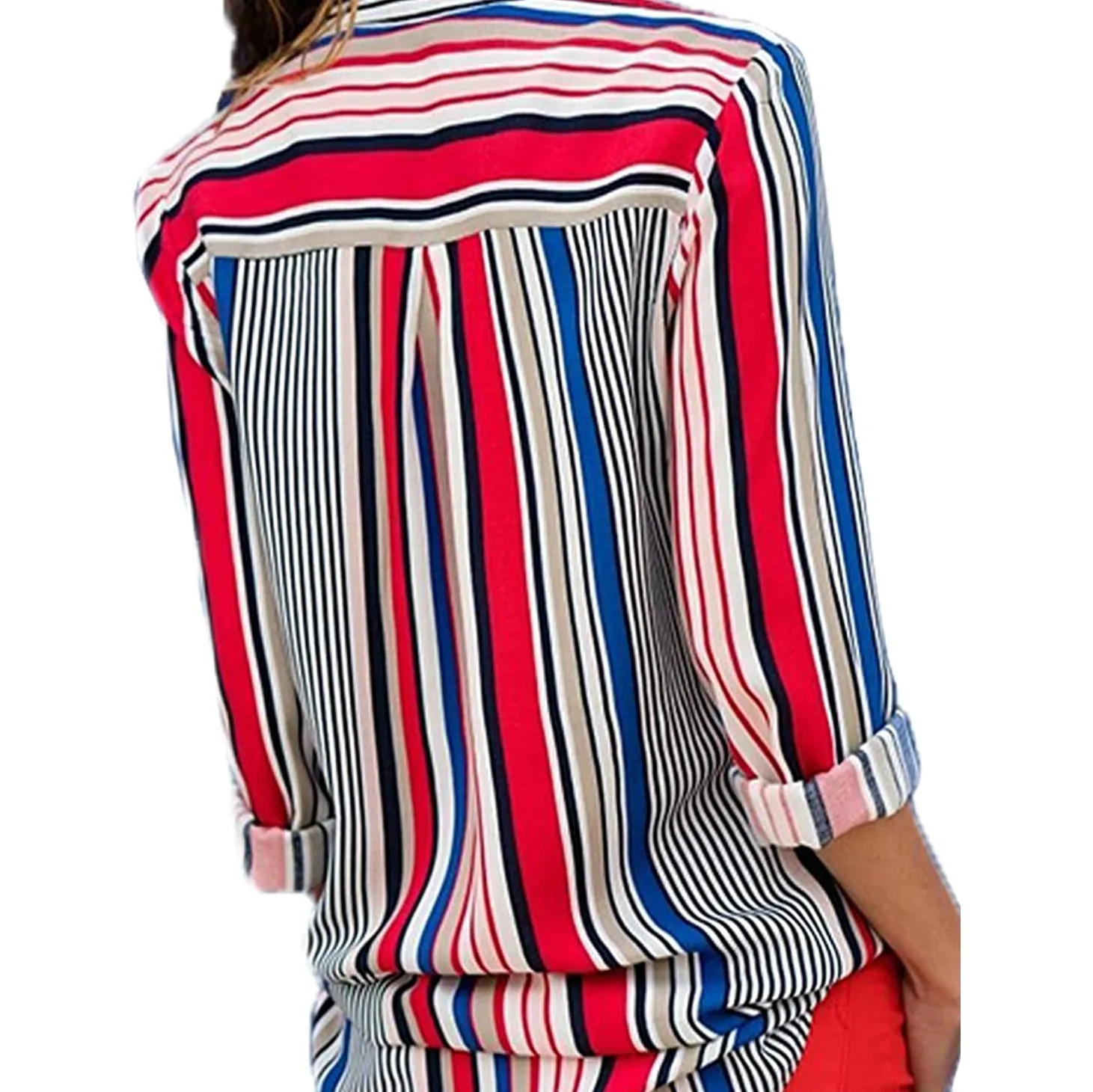 Womens V Neck Striped Roll up Sleeve Button Down Blouses Top