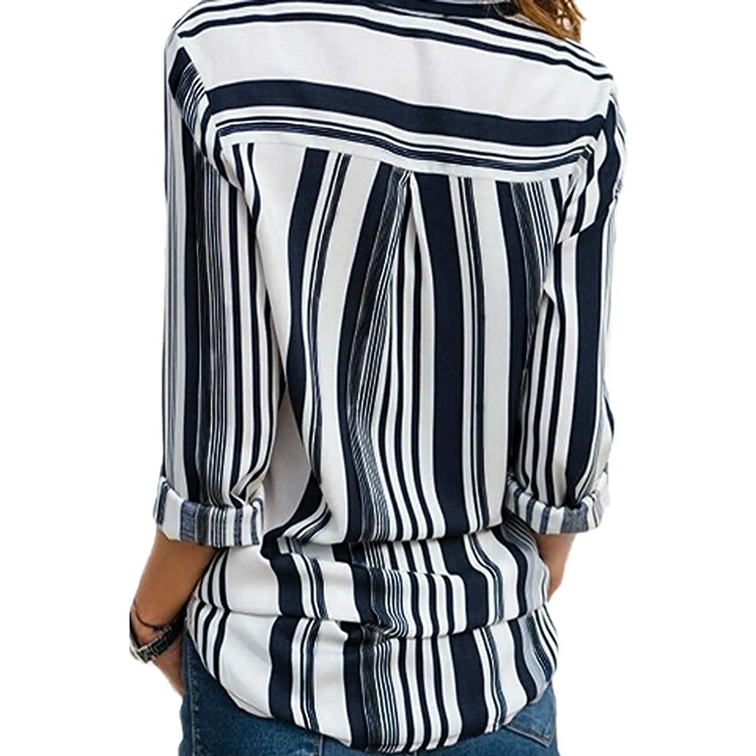 Womens V Neck Striped Roll up Sleeve Button Down Blouses Top