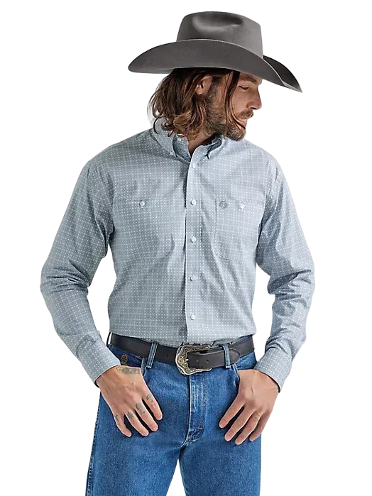 Wrangler Men's George Strait Long Sleeve Two Pocket Button Down Print Grey Shirt